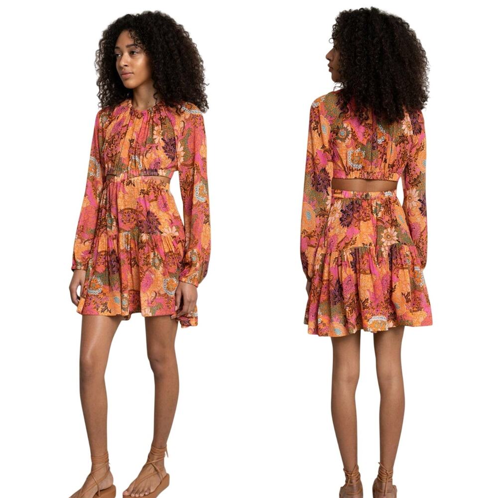 A.L.C. Izzy Dress Size 2 Silk Cutout Orange Pink Floral Long Sleeve Summer Beach